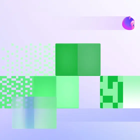 緑と紫のピクセルブロックでAIコーディングプラットフォームを表現した抽象イメージ
