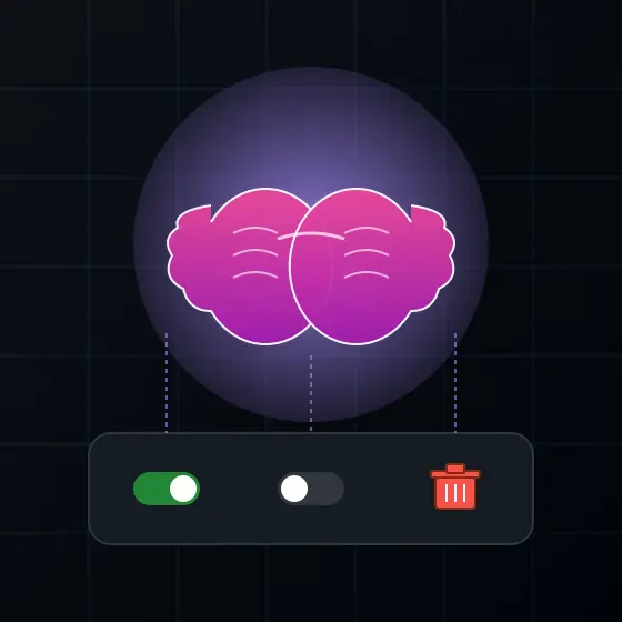 Copilot Memoryの脳アイコンと、オン・オフ・削除を示す3つのコントロールパネルのイラスト