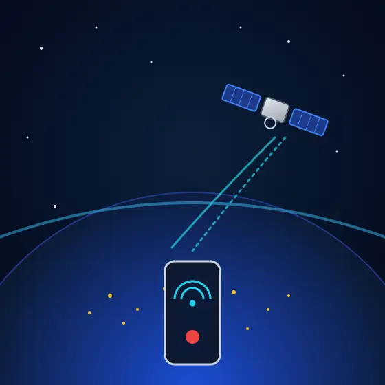 宇宙の衛星から地球上のスマートフォンへSOS信号が送られる様子を描いたイラスト