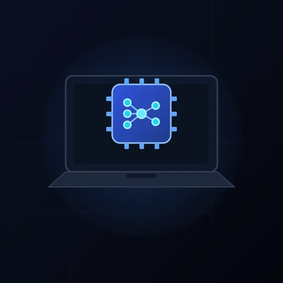 ノートPCの中央にプロセッサチップとNPUを表すアイコンを配置した抽象イラスト