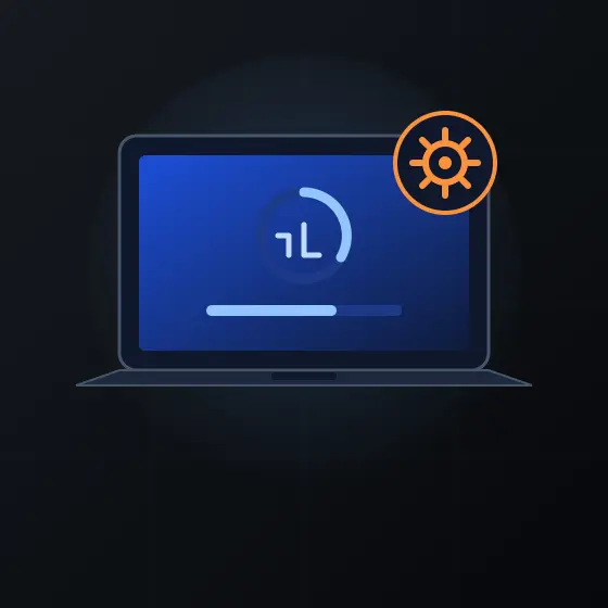 ノートPCの画面にベータを示す歯車バッジとソフトウェア更新の進捗を描いた抽象イラスト
