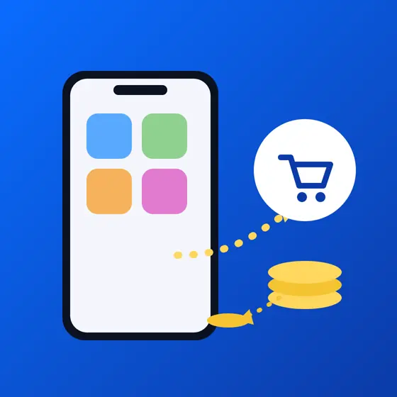 スマートフォンから外部のカートへ向かうリンクと、手数料として戻るコインを描いたイラスト
