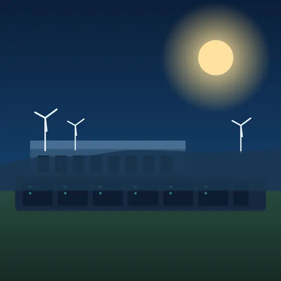 夜の草原に立つデータセンターと風力タービンのイメージ図