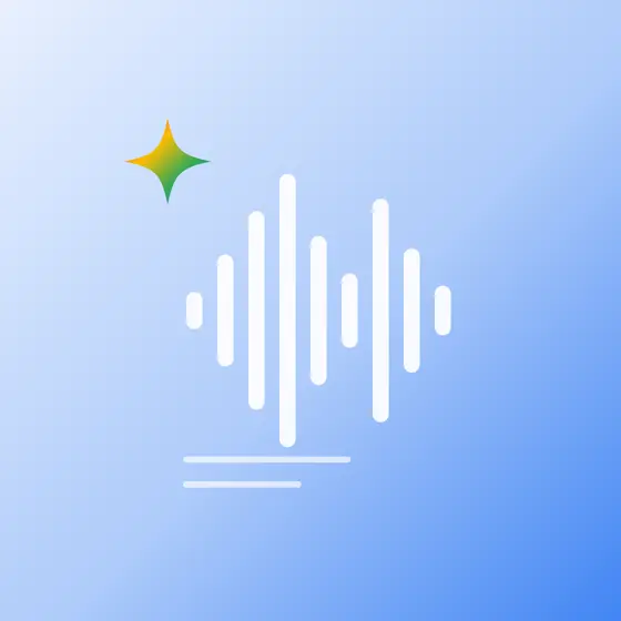 青いグラデーション背景に、音声波形とGeminiのスパークアイコンを配置したイラスト