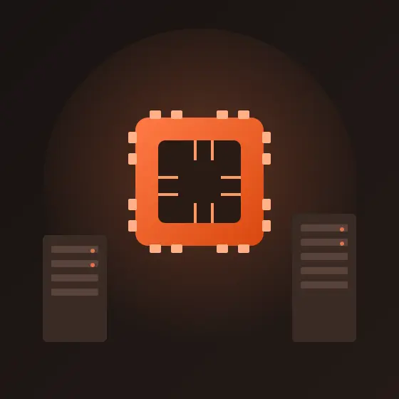 オレンジ色に輝くマイクロチップと、両脇に並ぶサーバーラックを描いた抽象的なイラスト