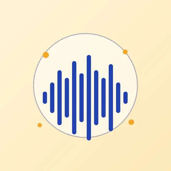 波形状の音声グラフを丸い輪の中に配置し、周囲に小さな点を散らした音声認識をイメージするフラットイラスト