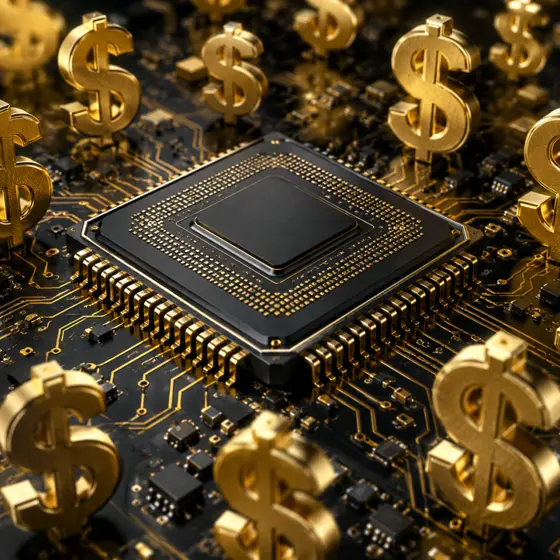 金色のドル記号に囲まれた黒いコンピューターチップと基板を描いたイラスト