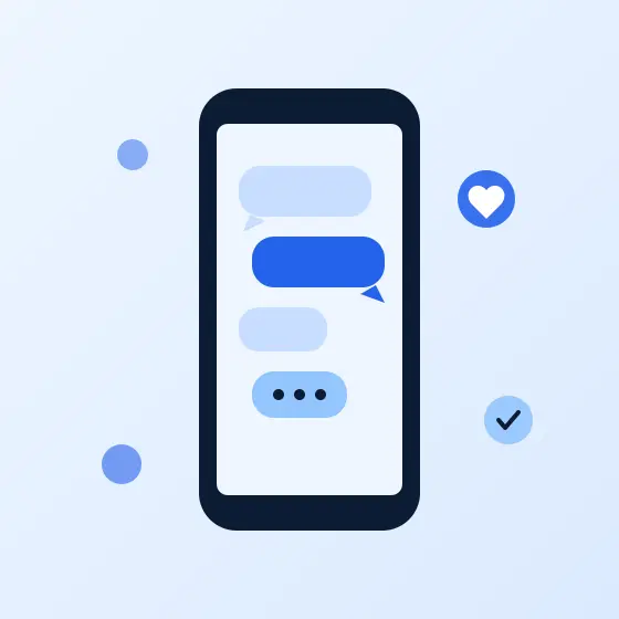 スマートフォンのチャット画面と吹き出し、ハートやチェックマークのリアクションアイコンを描いたフラットイラスト