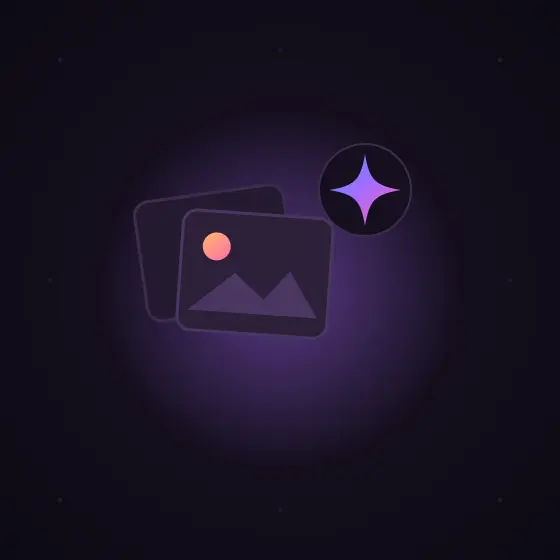 濃紫の背景に重なった写真アイコンと、隣に浮かぶ紫色の光る星型スパークアイコンのイラスト
