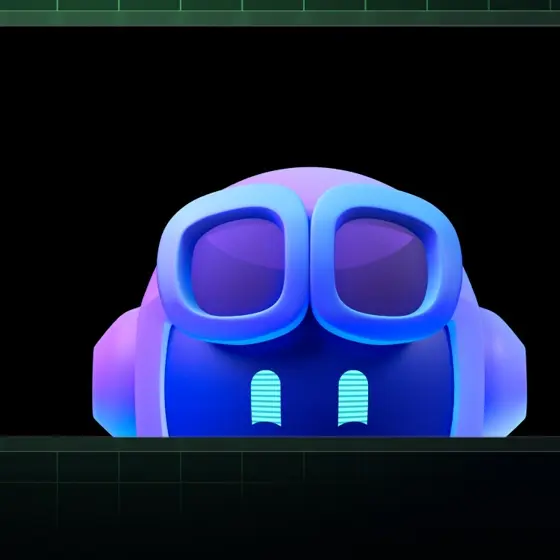濃紺の背景で、黒いカードの上に青紫のグラデーションがかかったロボット型キャラクターが浮かぶイラスト