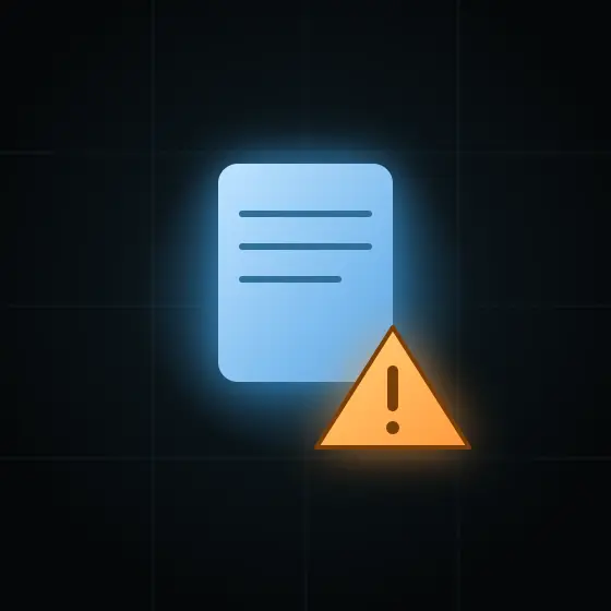 濃紺の背景で光る青い書類のアイコンの右下に、オレンジ色の警告三角アイコンが重なるイラスト