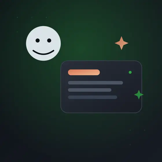 チャット入力欄とコードカードを星のアイコンが取り囲む、AIコーディングアシスタントを表す抽象イラスト