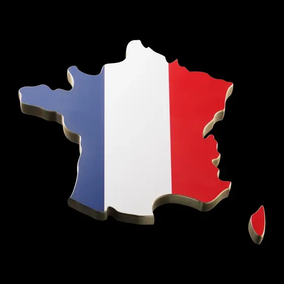 黒を背景にしたフランス国旗カラー（青・白・赤）のフランス国土形状の立体アイコン