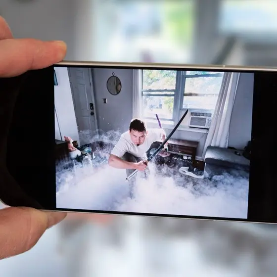 手に持ったスマートフォンの画面に、白い煙の中で刀を構える人物を写したドラマチックな写真が表示されている