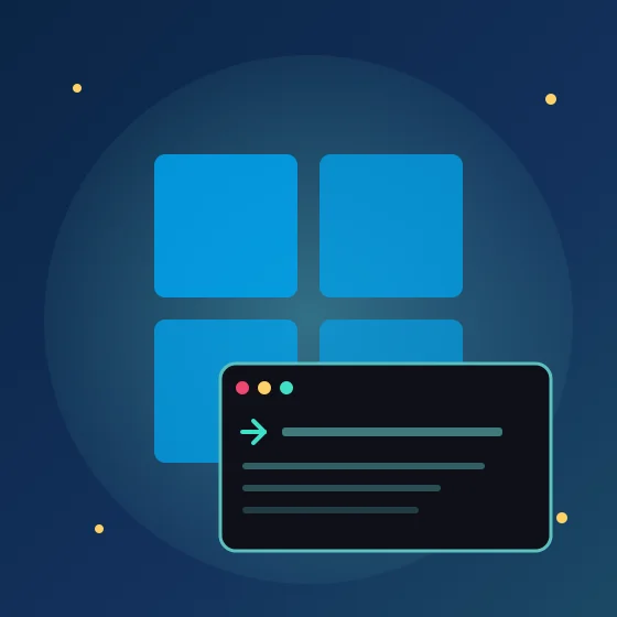 Windowsのタイル風アイコンとターミナルウィンドウを組み合わせた抽象イラスト