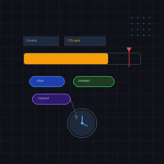 コンテキストウィンドウの使用状況メーターとセッション管理ダイアグラムの抽象図